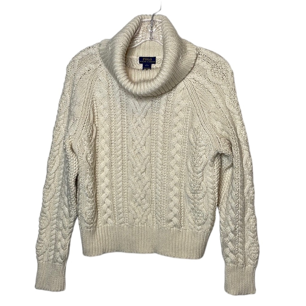 Polo Ralph Lauren Girls Cable Knit Chunky Sweater Wool Blend Turtleneck Cream L
